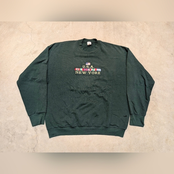 VTG 90s Fruit Of The Loom New York Crew Neck Green Mens XL Flaws - Picture 1 of 8